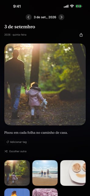 A tela do dia com uma foto escolhida e uma nota curta